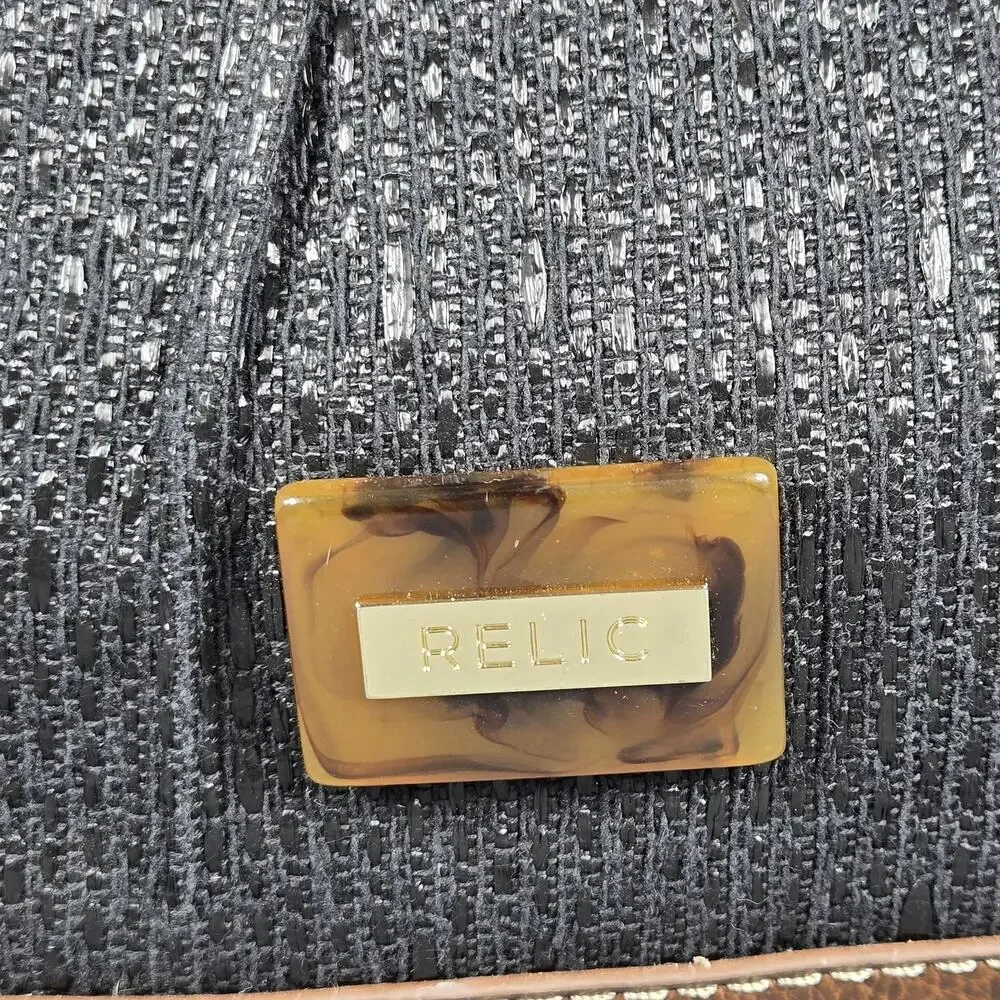 Relic‎ by Fossil Ring Handle Tote Black Woven Bag Brown Trim Tortoise Acrylic